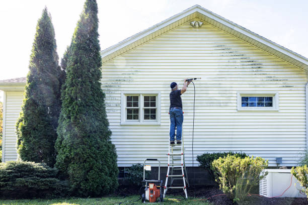 Senior Man Up On Ladder DIY Power Washing House Siding stock photo