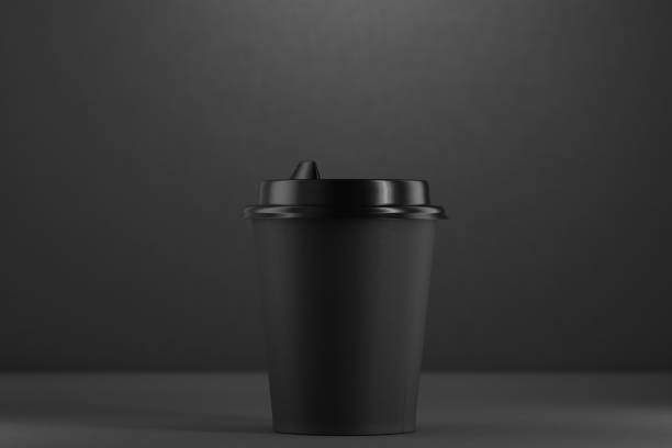 istock Black disposable machine with a plastic lid on a black background. Black disposable cup mockup. Black paper cup mockup for your design. 3d render. 1461402231
