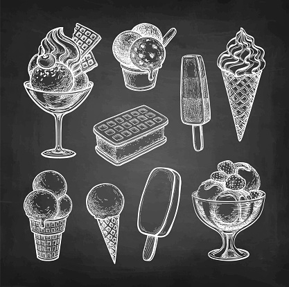 Ice cream big collection. Chalk sketch on blackboard background. Hand drawn vector illustration. Retro style.