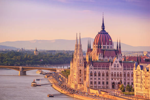 paesaggio estivo della città al tramonto - vista dall'alto del centro storico di budapest con il fiume danubio - hungarian flag foto e immagini stock