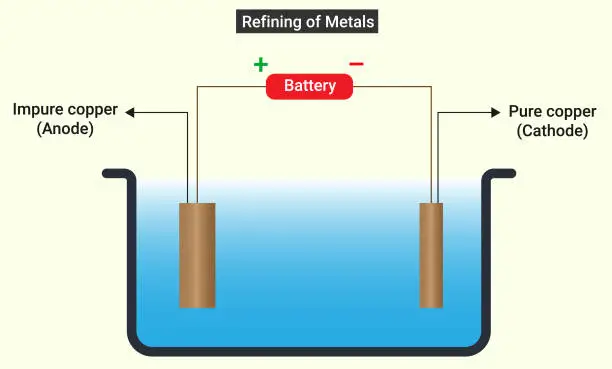 Vector illustration of Refining of Metals: An electrolytic tank containing acidified CuSO4 solution which acts as an electrolyte. A thick block of impure copper as an anode and a thin block of pure copper as cathode.