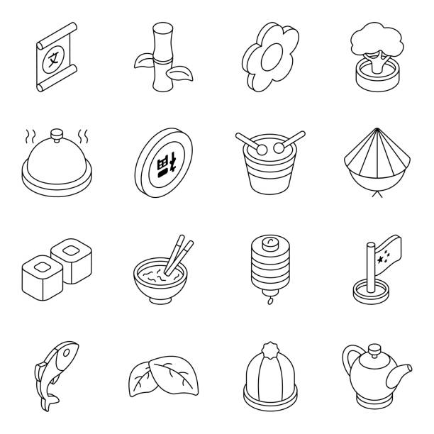 packung chinesischer neujahrsfeier lineare symbole - nigri sushi stock-grafiken, -clipart, -cartoons und -symbole
