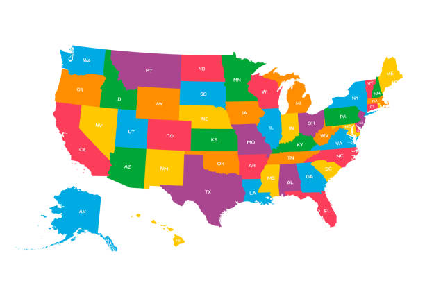地理的な州境と州の略語を含む米国の地図。アメリカ合衆国の地図。州の略語を含むカラフルな米国の地図デザイン - アメリカ合衆国点のイラスト素材／クリップアート素材／マンガ素材／アイコン素材
