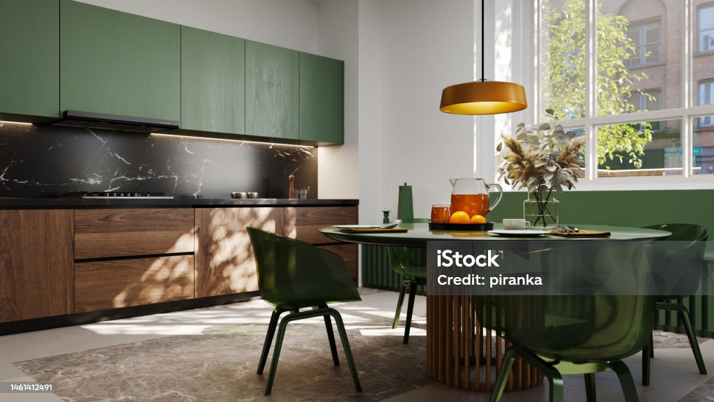 Modern green kitchen Modern kitchen furniture in green Green Color Stock Photo