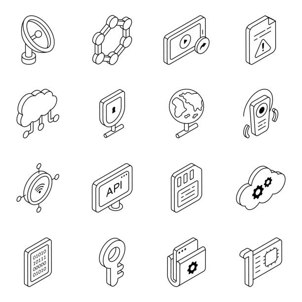 illustrazioni stock, clip art, cartoni animati e icone di tendenza di pacchetto di icone lineari di archiviazione cloud - microsim