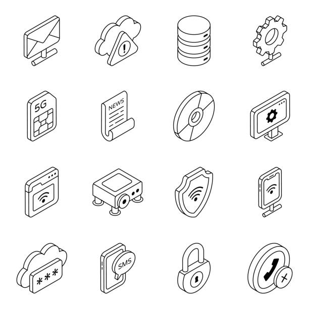 illustrations, cliparts, dessins animés et icônes de pack d’icônes linéaires d’hébergement cloud - microsim