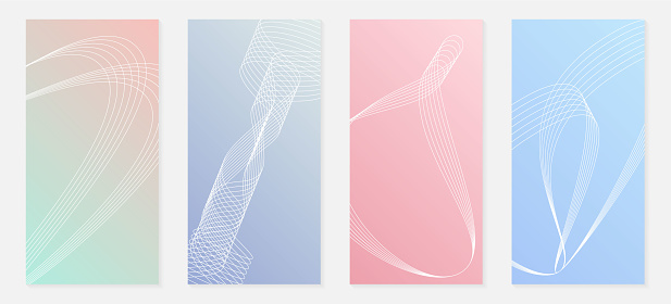 Collection of four abstract banners with thin line waves. Delicate pastel gradient background. Banners for social networks. Curve contour. Vector illustration