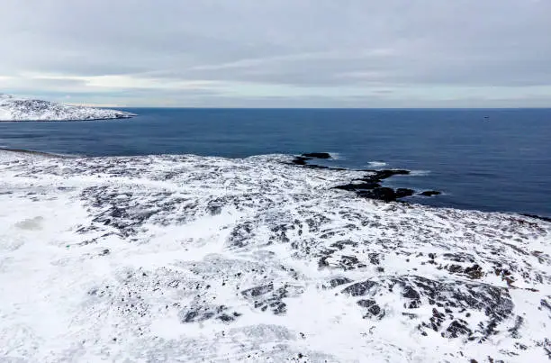 Photo of natural attractions of Barents sea coast. Arctic Ocean. aerial top view