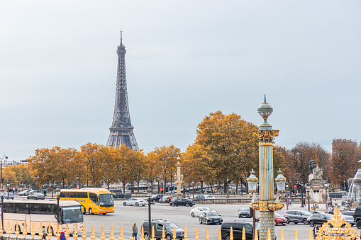 Eiffel Tower seen from the Place de la Concorde square in autumn in Paris, France