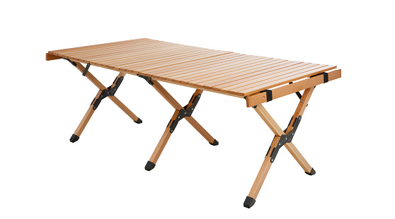 Folding wooden table for camping on white