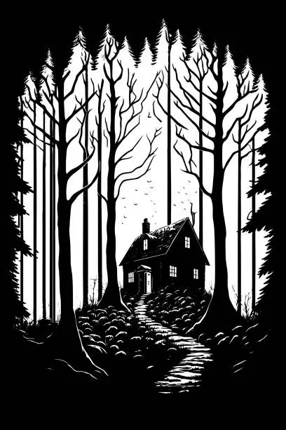 Vector illustration of Black and white vector sketch illustration of small House in the dark forest