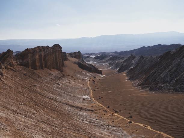 月の谷の岩層の風景パノラマビューサンペドロデアタカマ砂漠チリ近くのバジェデラルナ - panoramic nature atacama region south america ストックフォトと画像