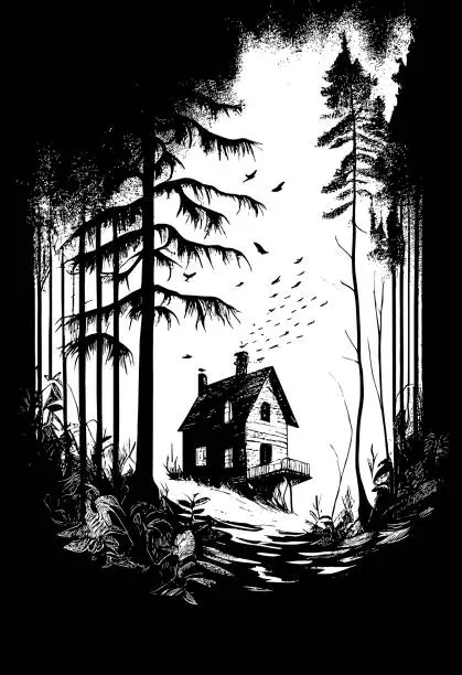 Vector illustration of Black and white vector sketch illustration of Horror House in the dark forest