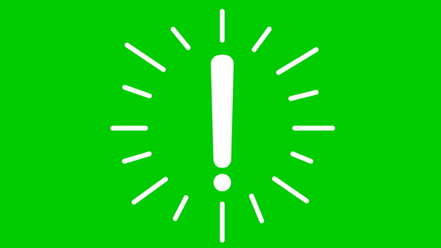 Animated white symbol of exclamation mark. Radiance from rays around symbol. Concept of warning, attention, information. Looped video. Vector illustration isolated on a green background.