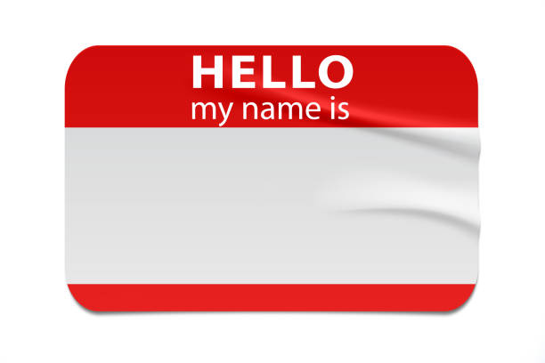 red name tag. hello my name is - label - greeting imagens e fotografias de stock