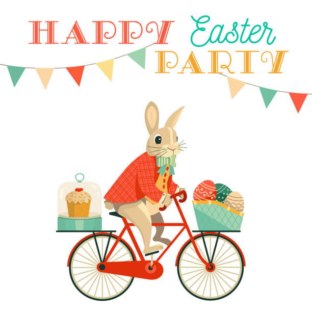 забавный кролик доставляет яйца и куличи на пасхальную вечеринку - easter traditional culture backgrounds basket stock illustrations