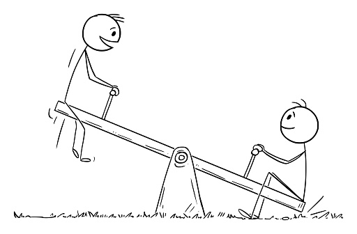 Children having fun on seesaw at playground , vector cartoon stick figure or character illustration.