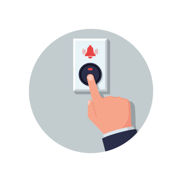 der mann drückt den rufknopf. flaches symbol. der knopf ist an einer ziegelwand isoliert - türklingel stock-grafiken, -clipart, -cartoons und -symbole