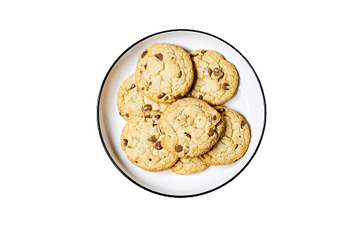 homemade chocolate chip cookies in plate isolated on white