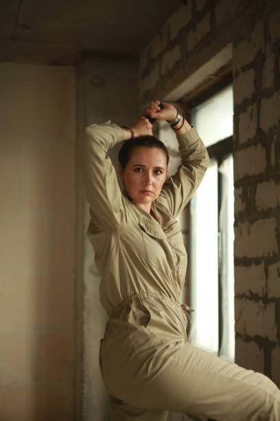 Beautiful brunette time travel in urban setting