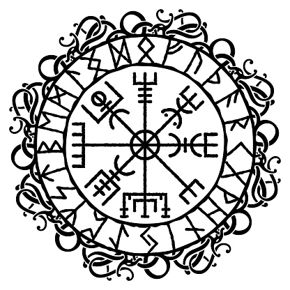 Vegvisir, magical ancient Icelandic viking navigational compass with Scandinavian patterns and runes, vector illustration. Celtic knot tattoo, t-shirt print.