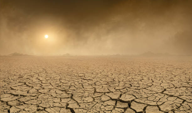 istock Panorama of arid barren land with cracked soil and sun barely visible through the approaching sand storm. Ecology problems concept 1461424596