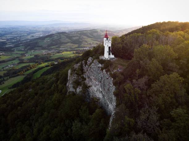 istock Aerial panorama of white observation on cliff edge Urlingerwarte on Blassenstein mountain hill in Scheibbs Lower Austria 1461424755