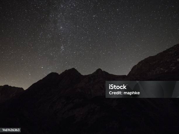 Dark Black Night Sky Panorama With Stars Milkyway Over Alpine Mountain Peaks Summit Hill In Ehrwald Tyrol Austria Alps Stock Photo - Download Image Now