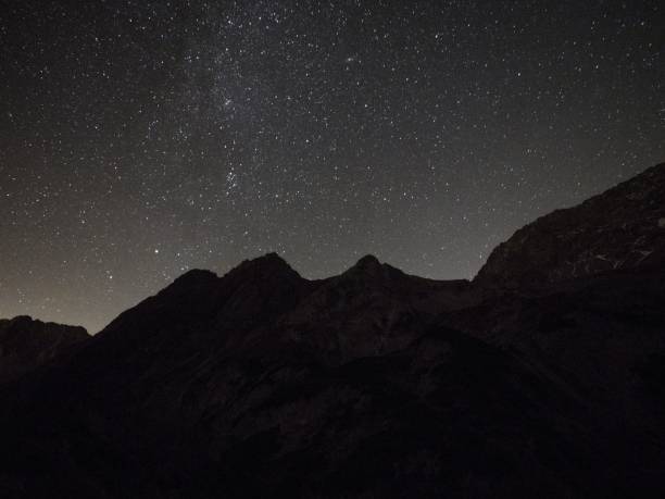 panorama escuro do céu noturno preto com estrelas da via láctea sobre picos de montanhas alpinas colina de cume em ehrwald tirol áustria alpes - sonnenspitze - fotografias e filmes do acervo
