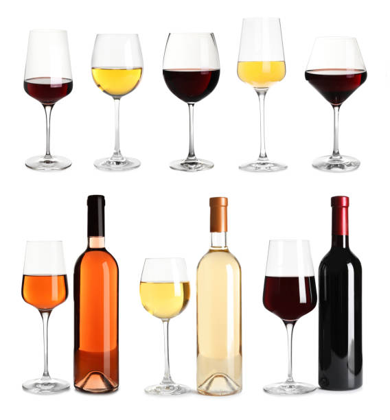 set con bottiglie e bicchieri di diversi deliziosi vini costosi su sfondo bianco - wine bottle bottle burgundy wine foto e immagini stock