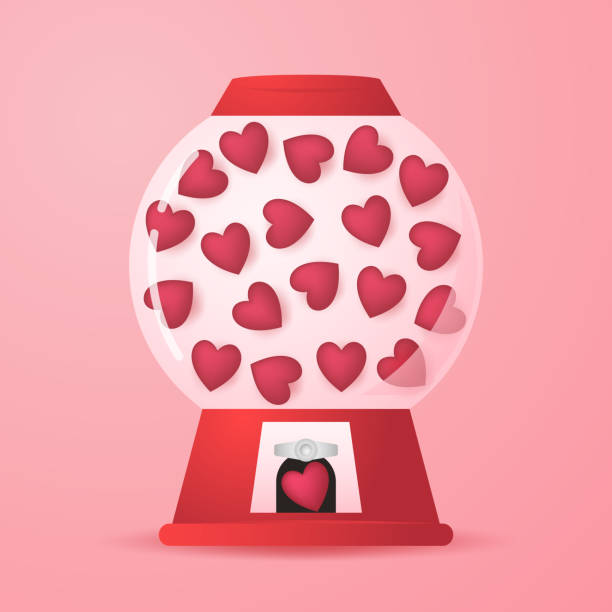 istock Heart in vending machine filled with red blue and white bubble gum hearts on pink background. illustration with transparent glass. Valentine's day. 1461427105