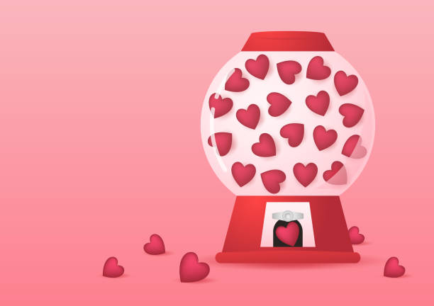 istock Heart in vending machine filled with red blue and white bubble gum hearts on pink background. illustration with transparent glass. Valentine's day. 1461427170