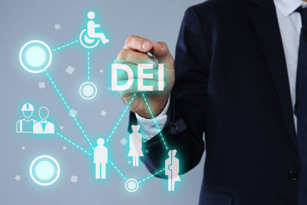 istock Concept of DEI - Diversity, Equality, Inclusion. Virtual screen with different icons and businessman on light grey background, closeup 1461427570