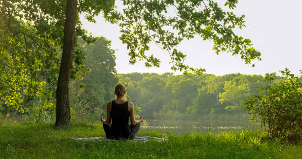 schöne freie frau, die in meditationspose im grünen wald sitzt. lotusposition, zen-yoga-meditationspraxis in der natur
sitzen in lotuspose, gesunder lebensstil, meditationskonzept - zen like nature breathing exercise sitting stock-fotos und bilder