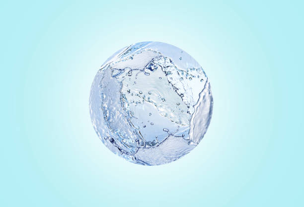 istock Sphere made of water splashes on light blue background 1461428823