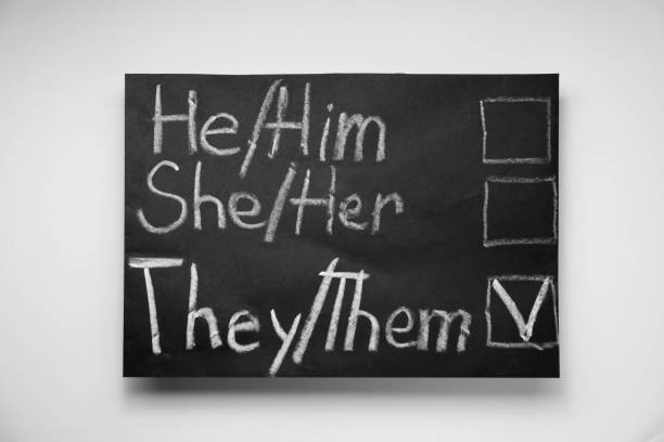 istock Gender equality. Small blackboard with written pronouns on beige background, top view 1461429407