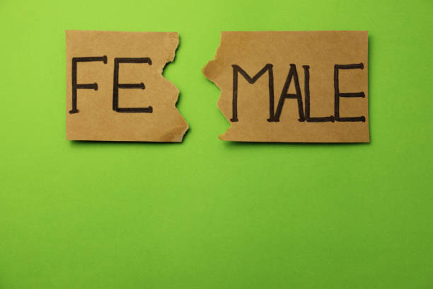 istock Gender equality. Torn card with word FEMALE on green background, flat lay. Space for text 1461430188