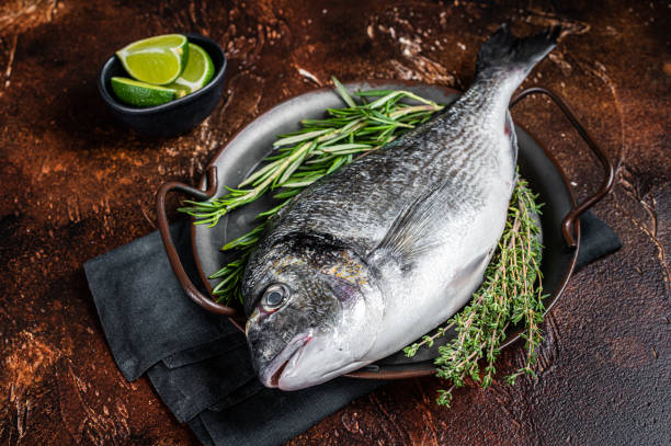 istock Uncooked Raw sea bream or dorado fish with herbs. Dark background. Top view 1461431160