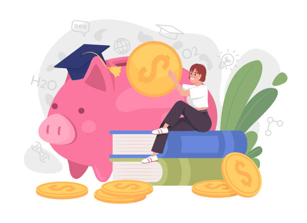 Savings for university flat concept vector illustration Savings for university flat concept vector illustration. Financial goal. Editable 2D cartoon character on white for web design. Cost of education creative idea for website, mobile, presentation 529 plan stock illustrations