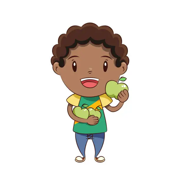 Vector illustration of Boy eat green apples