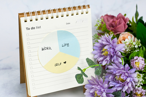 Work, self, life balance written on memo notepad , mindfulness living, self love, self care, positive thinking ,wellness , well being concept