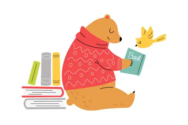 Vector illustration of Cute bear read book flat icon