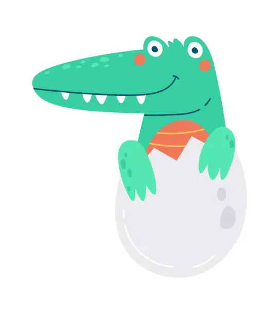 Vector illustration of Cute crocodile hatched from egg flat icon