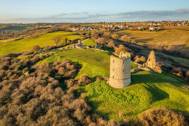 Hadleigh Castle Aerial photo from a drone of Hadleigh Castle, The romantic ruins of a royal castle overlooking the Essex marshes in Benfleet, UK. Captured in January 2023. essex stock pictures, royalty-free photos & images