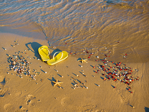 Yellow beach slippers standing on the beach.