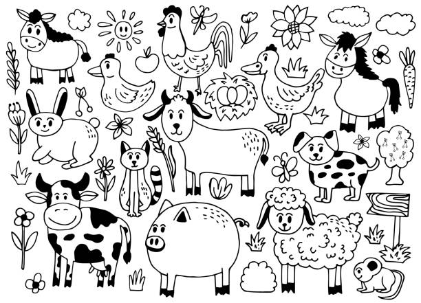 Farm hand drawn big set with different animals. Doodle style drawing. Vector illustration Farm hand drawn big set with different animals. Doodle style drawing. Vector illustration goat pen stock illustrations