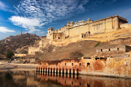 A view at Amber Fort aka Amer Fort, one of many famous Indian landmarks,  located on Cheek Ka Teela meaning Hill of eagles in Jaipur.