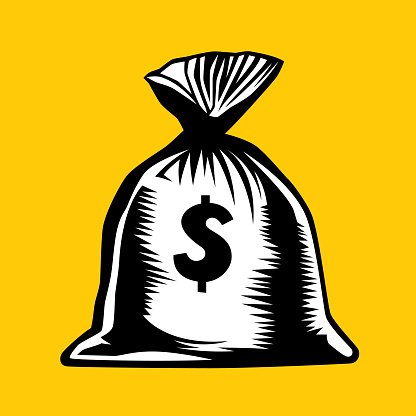 Vector illustration of a money bag against a gold background in woodcut style.