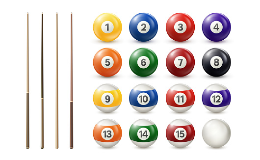 Billiard, pool balls with numbers and cues collection. Realistic glossy snooker, lottery ball isolated on white background. Vector illustration