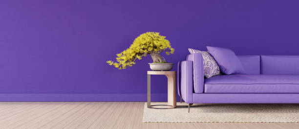 istock Mock up Living room interior design with purple sofa, empty purple wall with copy space on left 3D render 1461449382